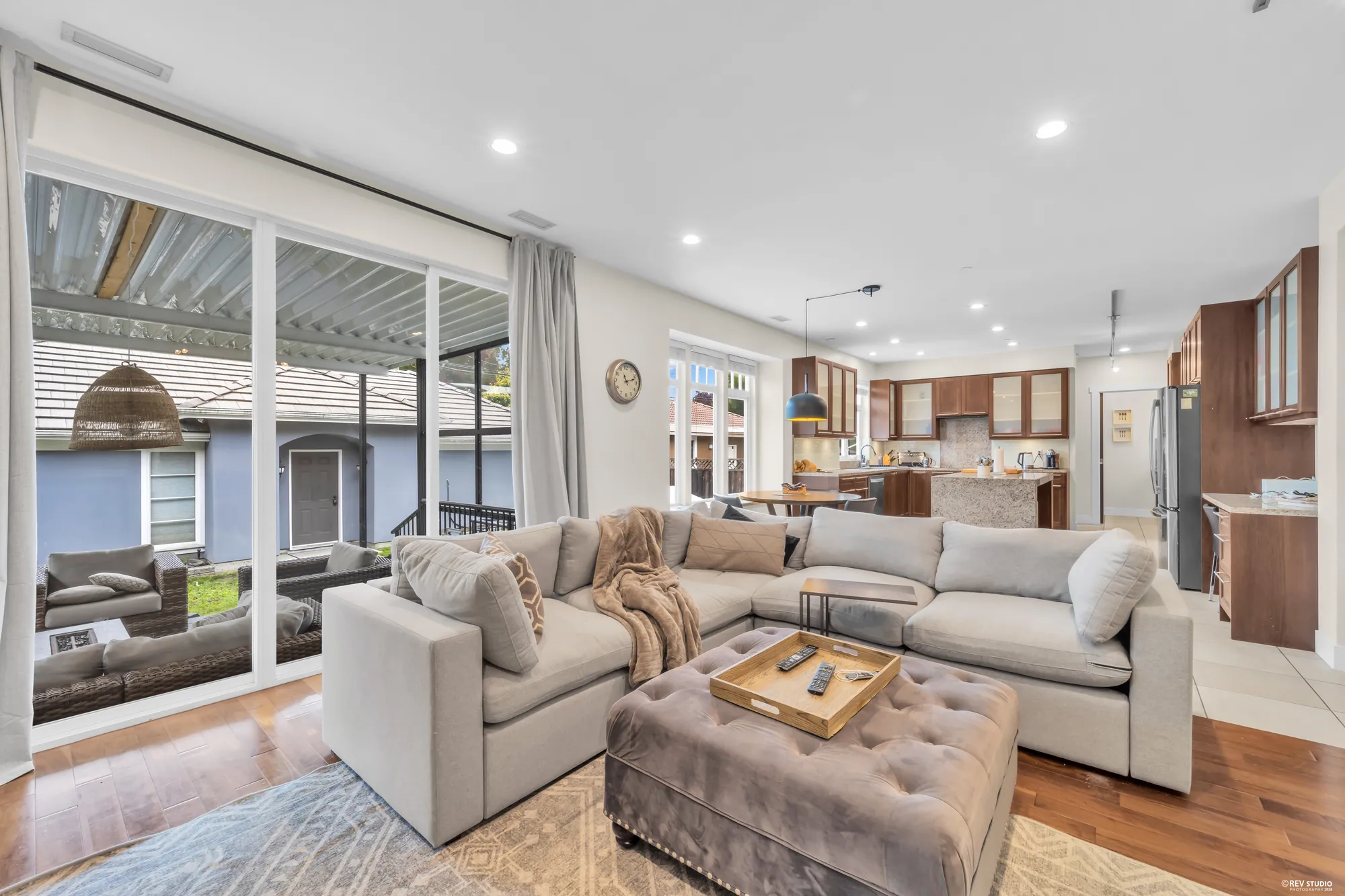 From the family room sofa to the kitchen island and the deck