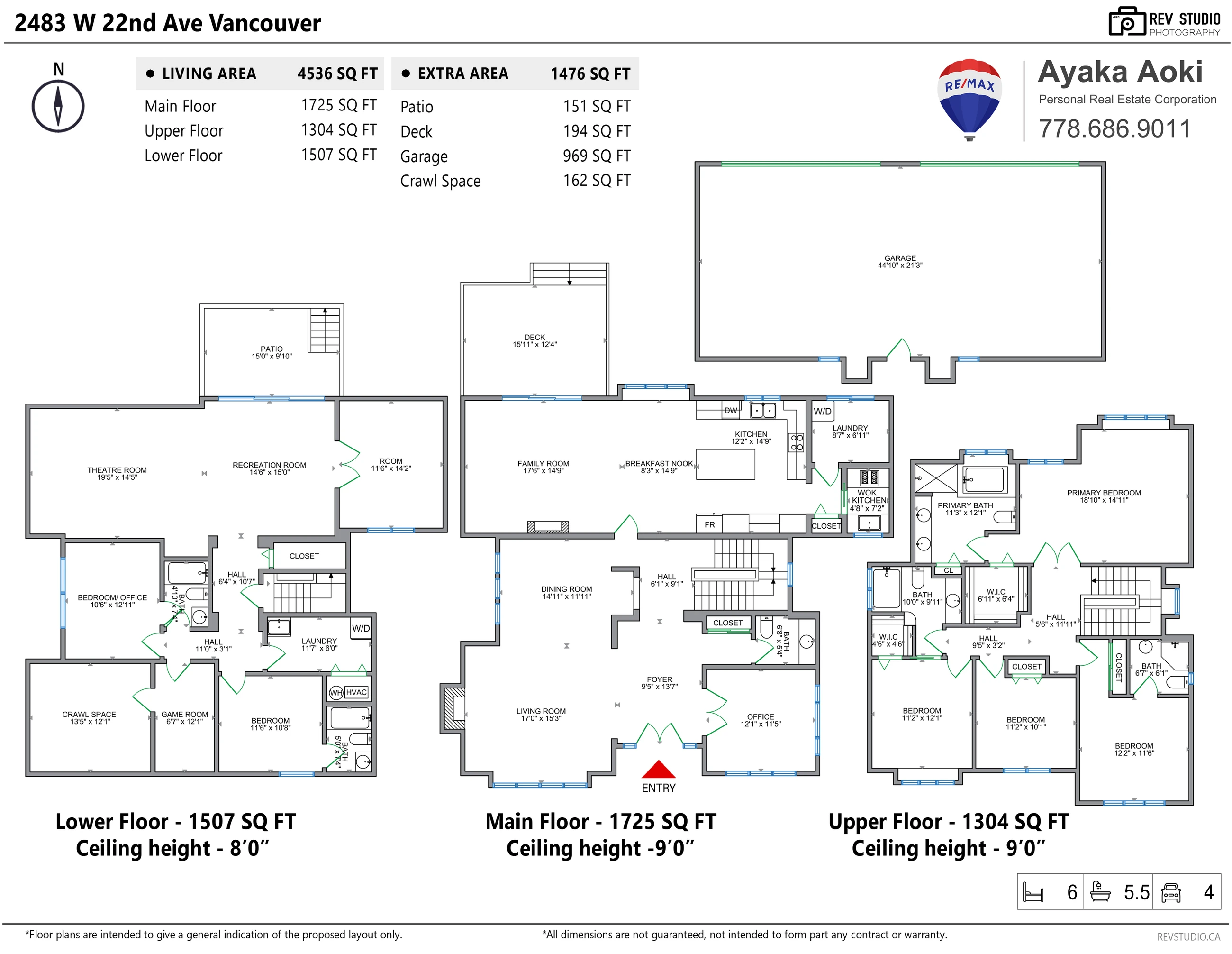 Floor plan of 2483 West 22nd Avenue: the lower floor with theatre room, recreation room, a further room, two bedrooms, game room, laundry and two bathrooms; the main floor with foyer, living room, office, dining room, family room, breakfast nook, kitchen, wok kitchen, laundry and powder room; the upper floor with the primary bedroom and bathroom, three bedrooms and two bathrooms; and the garage