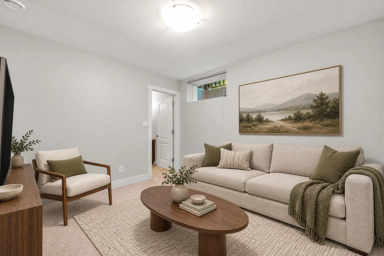 A lower room virtually staged with a beige sofa, an armchair, a coffee table on a rug and a landscape picture, a small high window