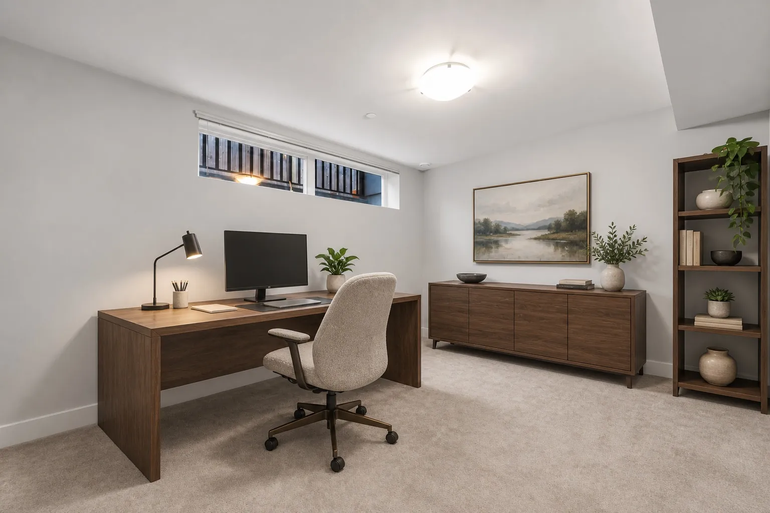 The bedroom-office virtually staged with a wooden desk and chair, a sideboard and a bookshelf, a high window